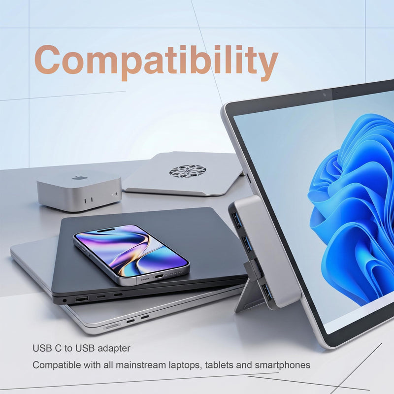 Compact USB C Hub for MacBook Pro/Air/Neo, Laptops, Tablet, Game Consoles | Cordless plug-in design, slim compact size for one-hand use. Snug fit avoids bumps & friction, great for travel & office
