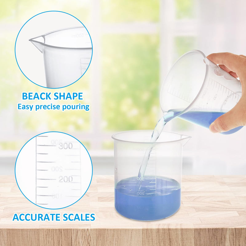 18 Pack Plastic Beakers 500 ml Graduations Premium Polypropylene Plastic Graduated Measuring Cups for Science Lab Equipment, Home Experiment, School Teaching Supplies Transparent