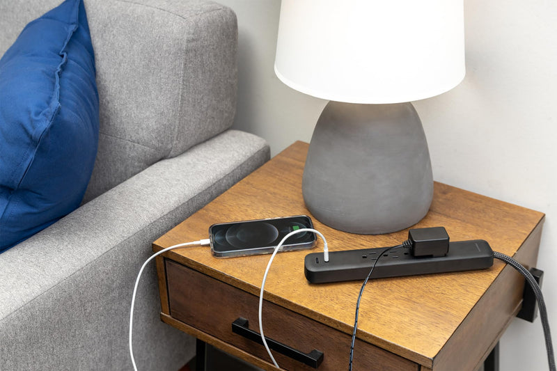 Philips Surge Protector Power Strip with USB Ports, 4 Ft Braided Extension Cord, 450 Joules, 4 Outlet Extender, 2-USB-C, Flat Plug, Home Office Dorm Essentials, Black, SPP6285B/37