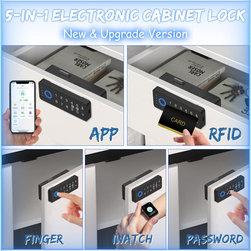 RFID Fingerprint Lock-Smart Cabinet Drawer Lock with Key Cards, Digital Electronic Biometric Bluetooth Child Safety Cabinet Code Lock Liquor File Desk Cupboard Kitchen Liquor Drawer Black Horizontal