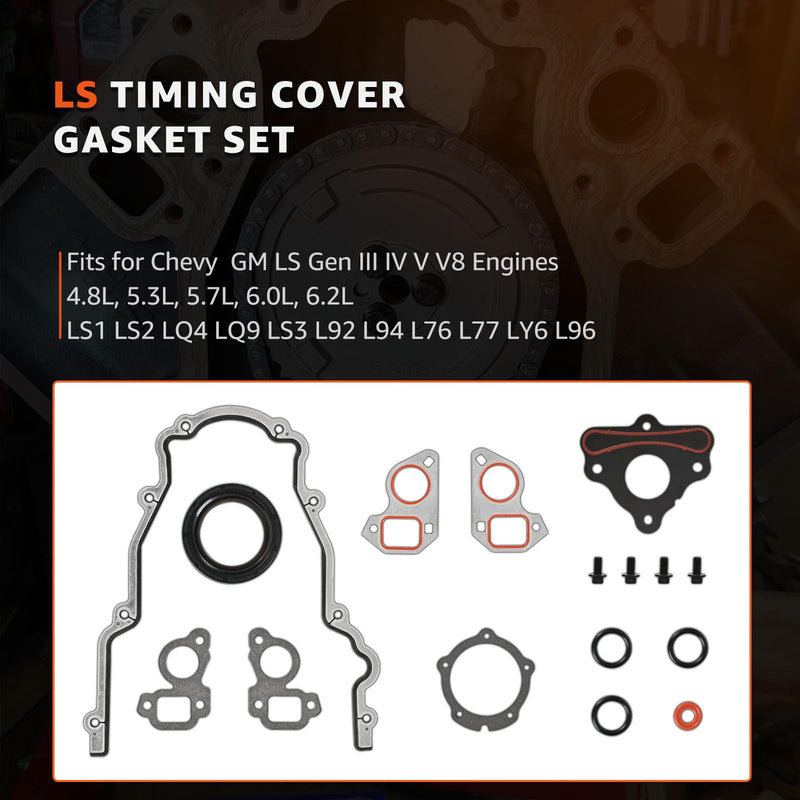 Timing Cover Gasket Set & Camshaft Retainer Plate Gasket Fits 4.8L 5.3L 5.7L 6.0L 6.2L LS Gen III IV V Engine - LS1 LS2 LQ4 LQ9 LS3 L92 L94 L76 L77 LY6 L96 Replace# TCS45993 12633904 12589016