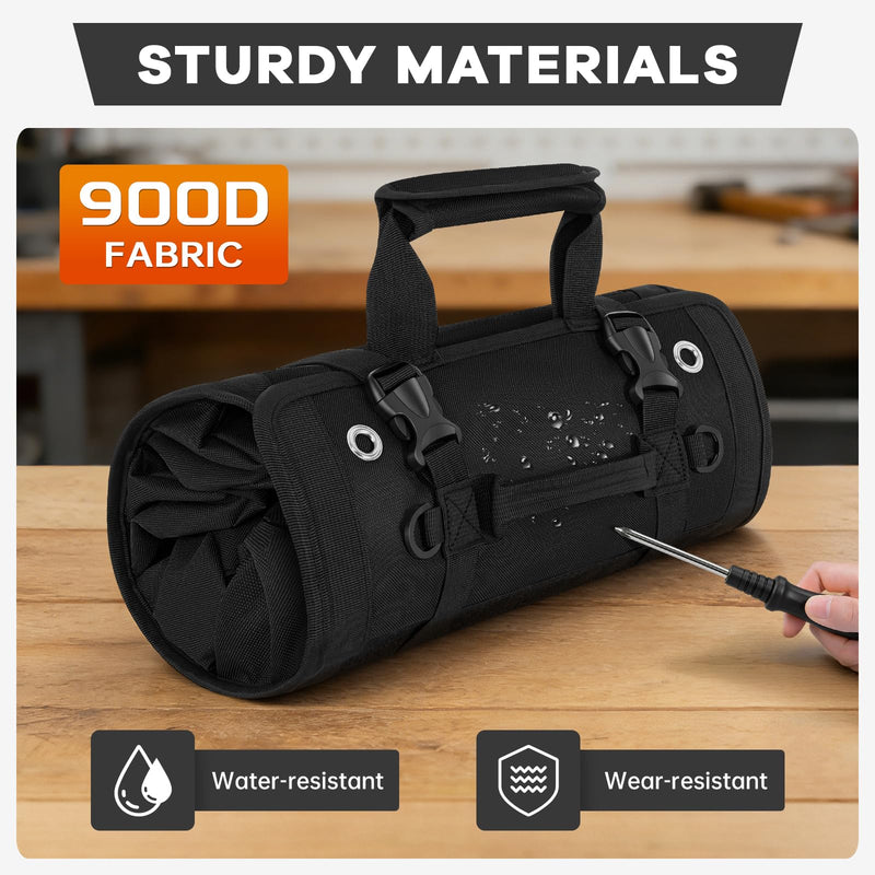 ANILD 13 Inch Roll Up Tool Bag Organizer, Heavy Duty Portable Tool Roll Organizer Bag with 2 Detachable Pouches, Father’s Day Gift, Gifts for Men, Electrician, Mechanic & Hobbyist (Black, Regular) Black