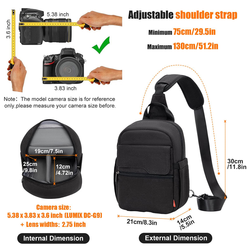 Cwatcun Large Camera Sling Bag, Crossbody Chest Bag with Tripod Holder | Fits 1body+2lenses +9.7"iPad +6.7"phone.Travel Photography Bag for Canon, Nikon, Sony, Fuji DSLR/SLR/Mirrorless Cameras, Lens Black