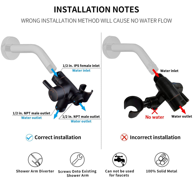 G-Promise Solid Metal Shower Arm Diverter with Holder for Hand Held Showerhead and Fixed Spray Head, G 1/2 3-Way Bathroom Universal Diverter System Replacement Part (Oil Rubbed Bronze) Oil Rubbed Bronze