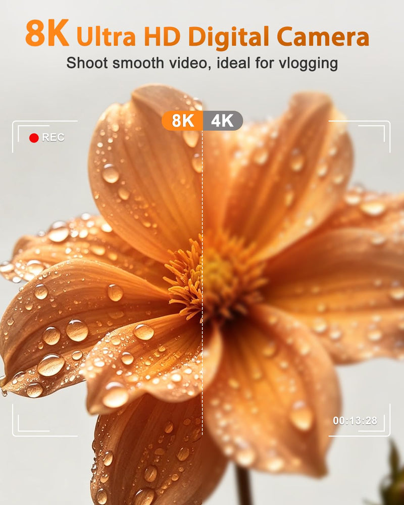 8K Digital Camera for Photography 96MP WiFi Dual Screen Camera for Kids | Vlogging Camera with 16X Zoom, Compact Point and Shoot Travel Camera for Teens Beginners with SD Card, 2 Batteries White