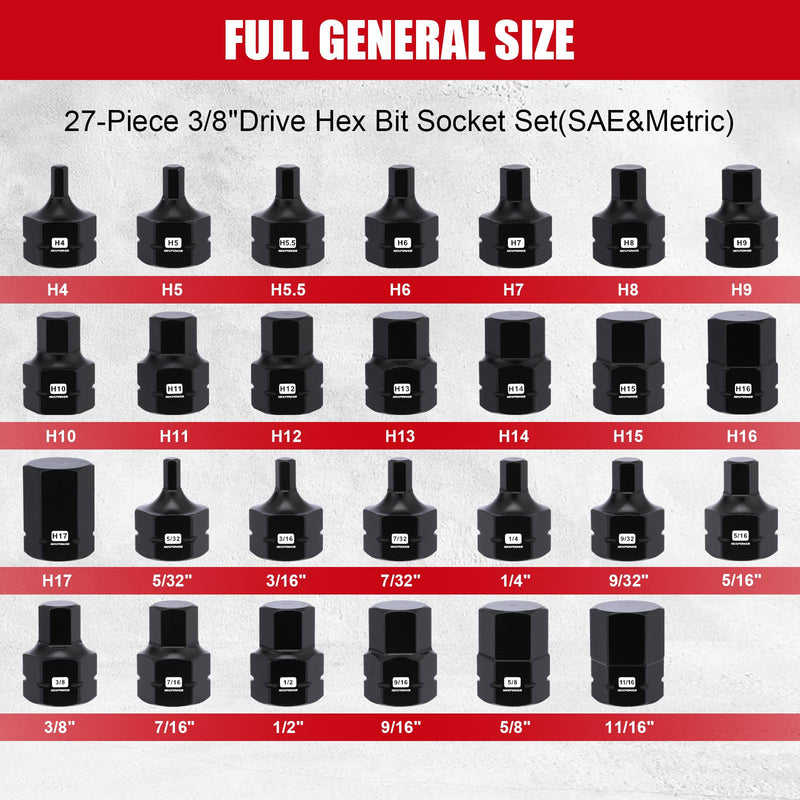 MIXPOWER 27-Piece 3/8" Drive Stubby Impact Hex Bit Socket Set,SAE/Metric, 5/32"-11/16",4mm-17mm, S2 Steel Air Drive Low Profile Allen Socket Set,Impact Grade,Anti-Roll Design 27 PCS 3/8"Drive:5/32"-11/16",4-17mm