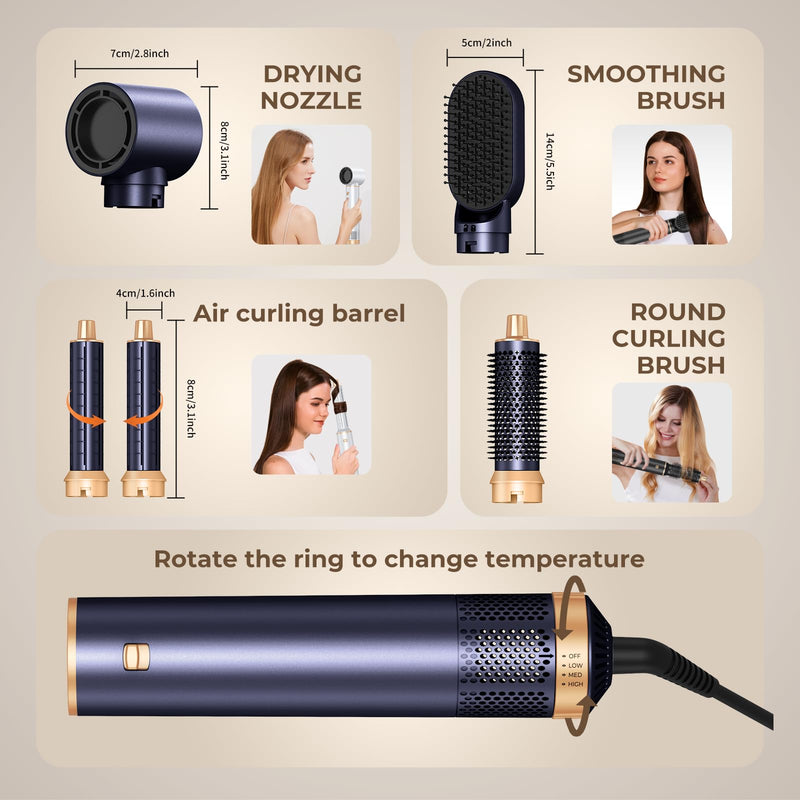 UKLISS Air Styler 5 in 1 Hair Styler Set 1000W Airbrush Hair Styler - Blue | with Hot Air Styler, Hair Dryer Brush, Hair Dryer Curler, Volumizer, Round Brush, Air Stylers for Women