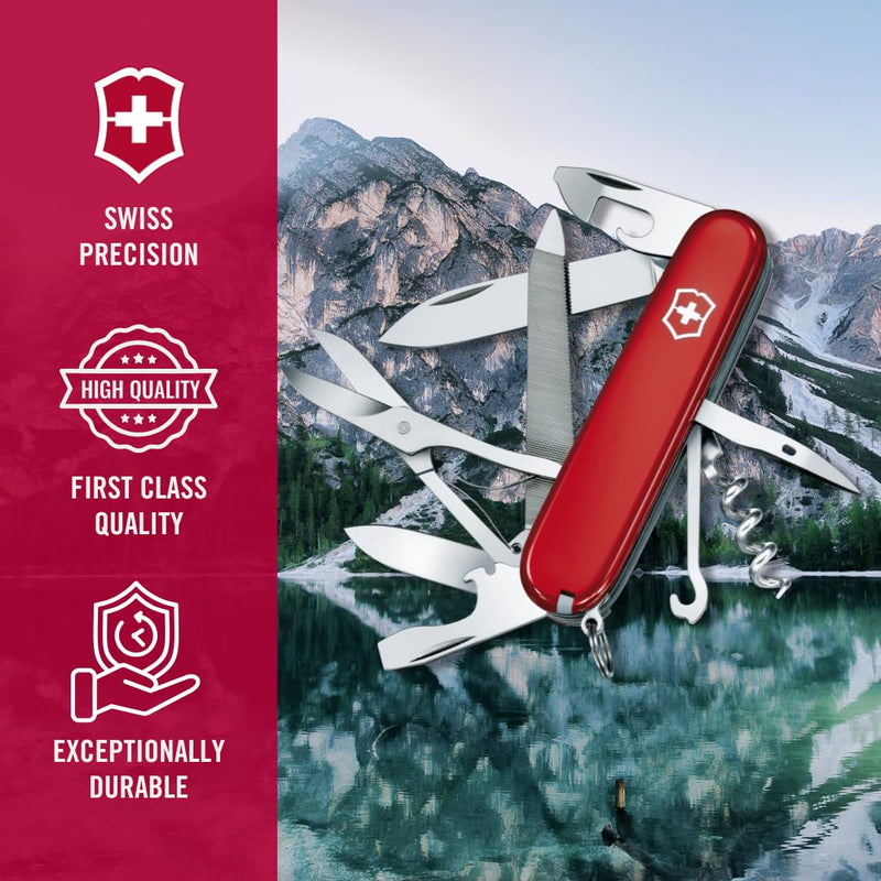 Victorinox Mountaineer Swiss Army Knife, 18 Function Pocket Knife,Red | light and compact tool Includes scissors and a nail file with metal saw