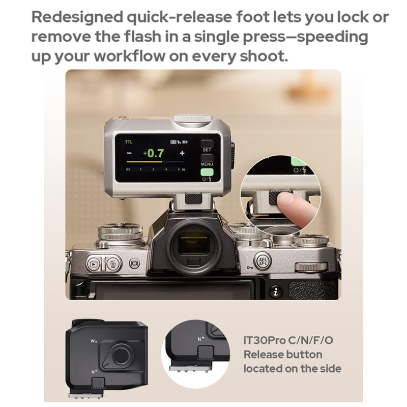Godox iT30Pro N iT30Pro-N TTL Flash for Nikon Camera, GN15 1.5s Recycle Time, 560 Full Power Flash, 1/8000 HSS, 2.4G Wireless, Built-in Lithium Battery, 2.8? Full-Color Touchscreen Speedlight (Silver)