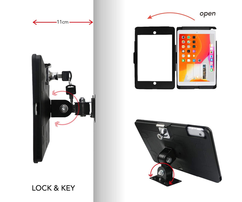 Tablet On Wall Mount Bracket for iPad 10.2-Inch (9th,8th,7th Gen.),with Anti Theft Security Lock and Key, Rotate Design Arbitrary Adjustment,Multi Angle,Metal,(Black) Black
