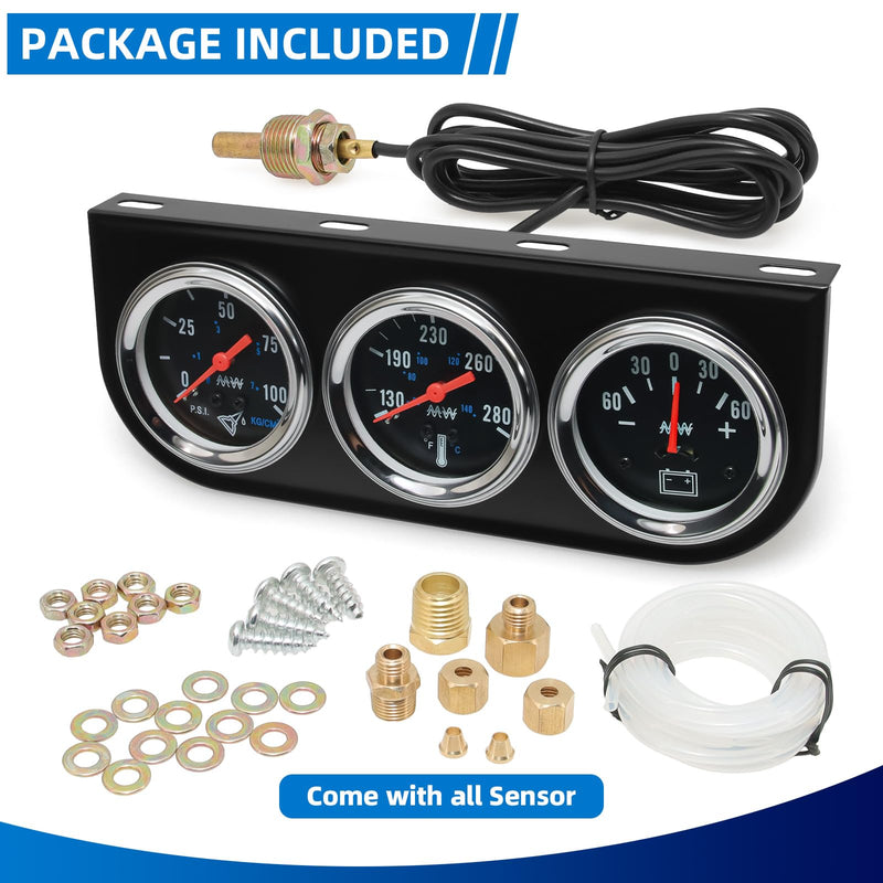 MH 2inch 52mm Triple Gauge Set, Oil Pressure (0-100PSI) Water Temperature (130°F-280°F) Ammeter AMP (-60 to 60) Car Auto 3 Gauges Cluster Set Automotive Kit Black