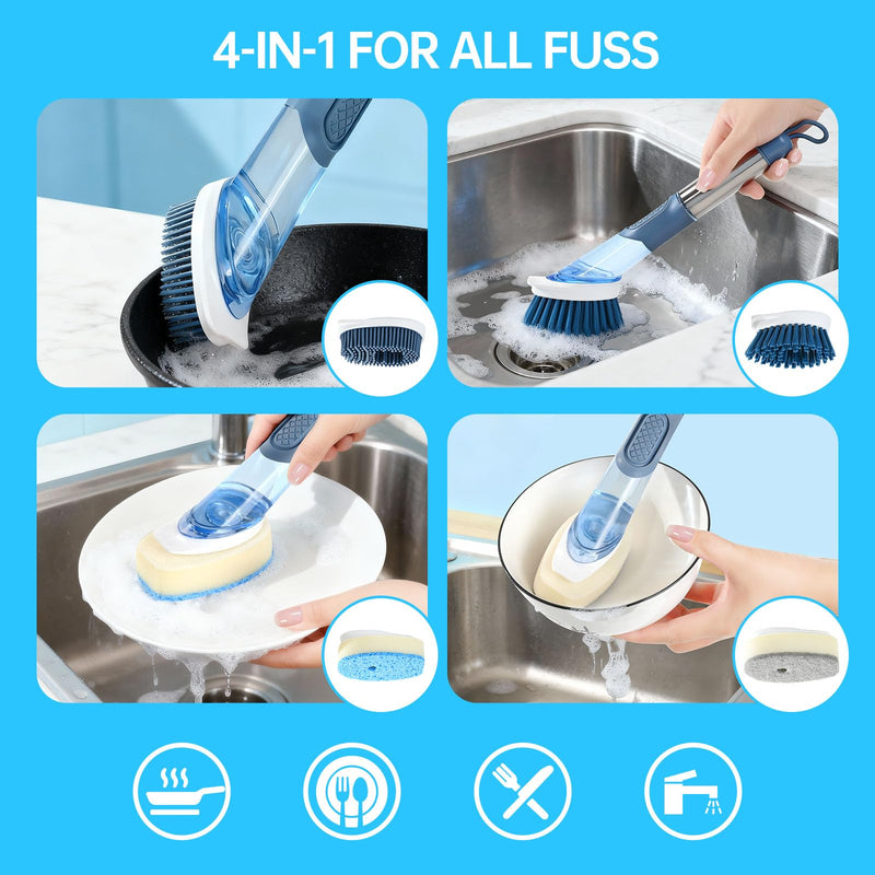 Soap Dispensing Scrub Brush - 4-in-1 Kitchen Cleaning Brush with Built-in Tank, Scraper Heads for Stubborn Grime on Pots Pans, Stand/Hang Storage-Blue 5 Blue