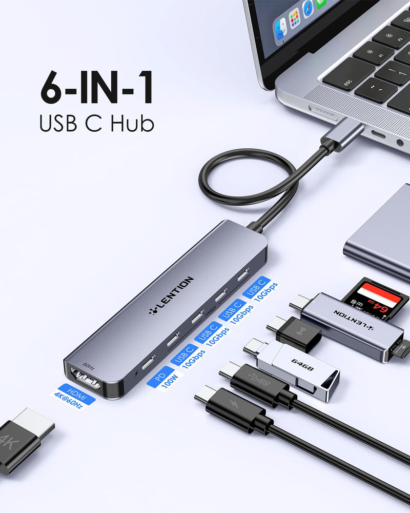 LENTION 6-in-1 USB C Hub Dock with 4K @60HZ HDMI Display, 4 USB-C Ports (USB 3.2 Gen 2, 10 Gbps), PD 100W Charging and for iPhone15 Series, New MacBook Pro, Mac Air, More (CE33, Space Gray) HDMI+4c+PD