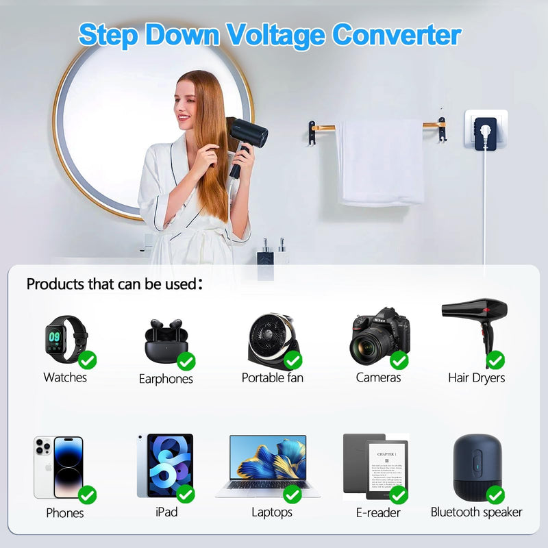 220V to 110V Voltage Converter US to Europe for Hair Dryer with Fast Charging 2 USB A 2 USB C, Power Converter Adapter Combo International Adapter A C G I (Black) Black