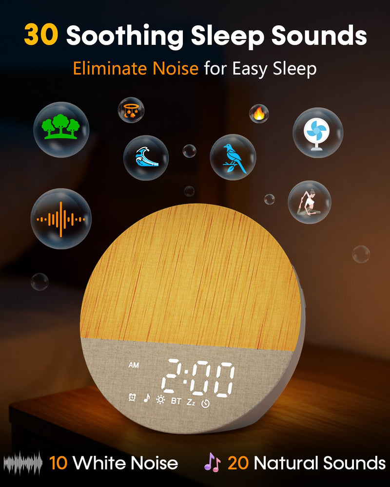 Sunrise Alarm Clock with Sound Machine: Gentle Gradual Wake Up Light for Heavy Sleepers Relieve Anxiety Dimmable Clock with Bluetooth Memory for Bedroom - White Noise Machine with 30 Sleep Sounds 6.5*4.6*6.2 Inch