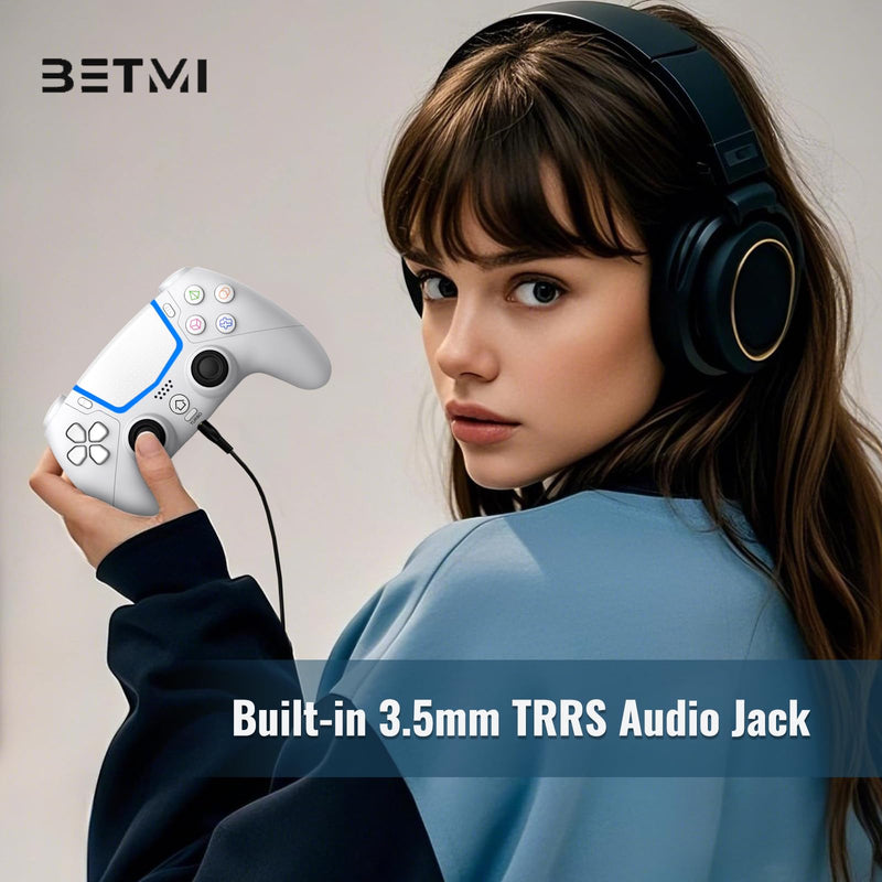 BETMI Wireless Controller for PS-5/Pro/Slim/PC with Hall Joysticks (White) | Bluetooth Gaming Controller with LED Channel Light/Turbo/6-Axis Gyro/Dual Vibration/Touchpad/3.5mm TRRS Audio Jack/Speaker