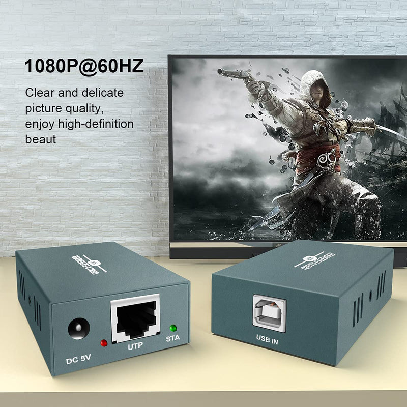 USB Extender Over Ethernet RJ45 LAN Extension, with 4 USB 2.0 Ports, Transmit 50m/165ft Over Ethernet Cat5/5e/6/7, Support Power Over Cable, Play and Plug, No Driver Required