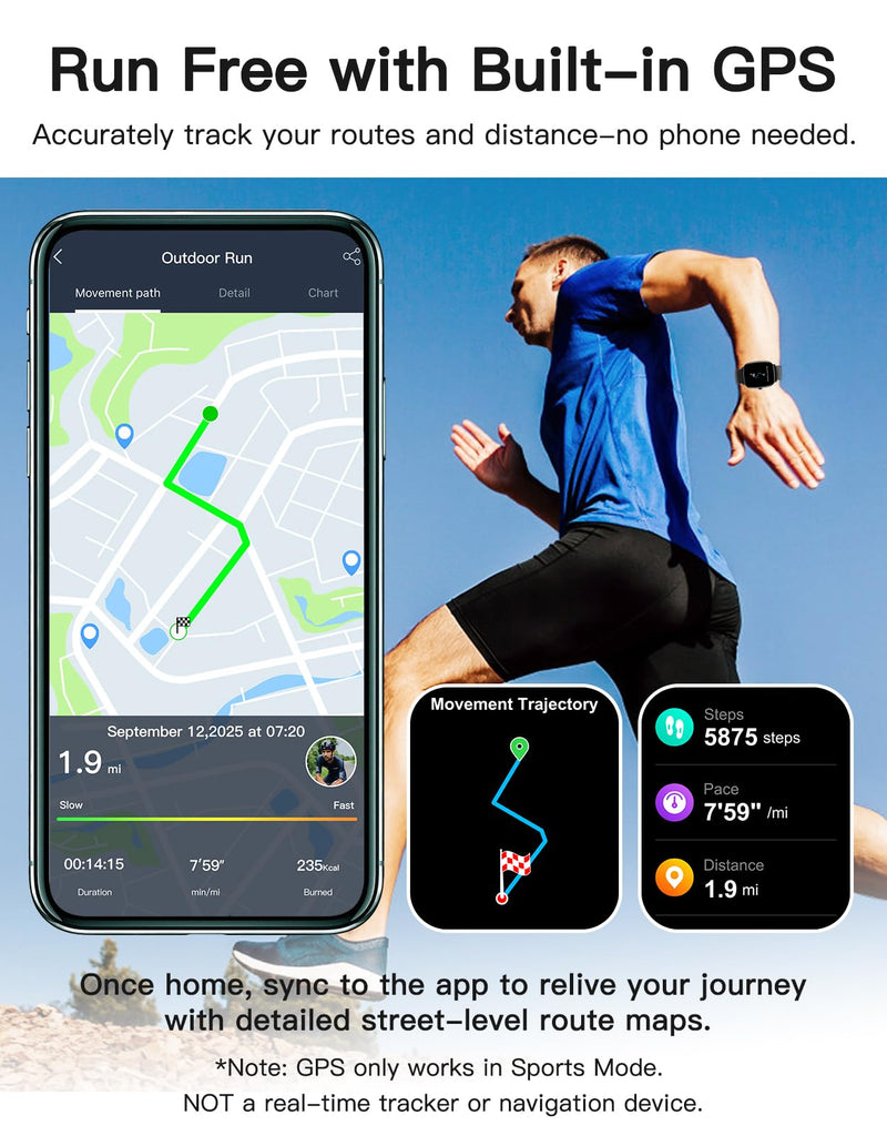 HUAKUA Smart Watch for Men Women with GPS Built-in Answer/Make Call Black | 1.95" HD, for iPhone/Android Phones, Fitness Tracker Heart Rate/Sleep Monitor, Step/Calories Counter 100+ Sport, Waterproof