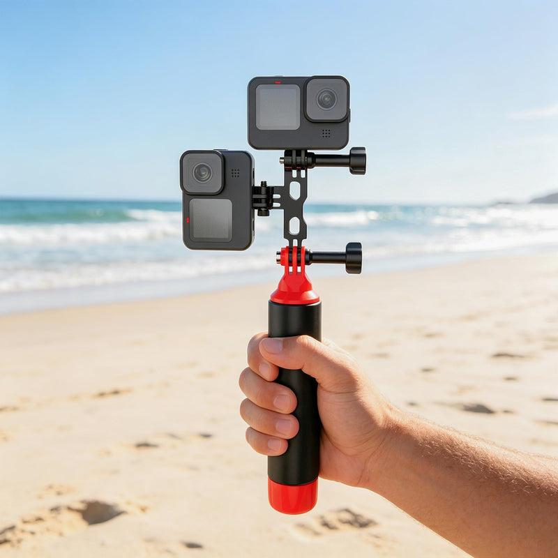 Aluminum Horizontal Vertical Dual Mount Adapter for GoPro 13/12/11/10/9 | Twin Cameras Mount Bracket for DJI Action 6/5/4/3, for Insta360 Ace/Pro/Pro2, Expand Mount for LED Fill Light / Microphone