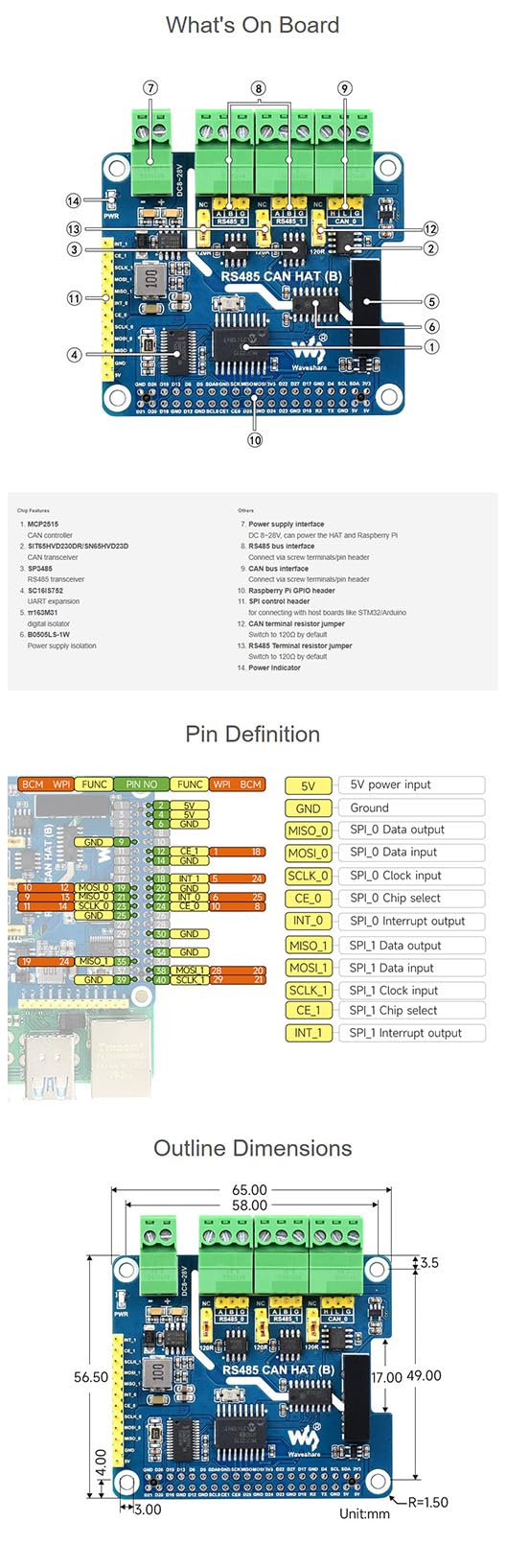 for Raspberry Pi RS485 CAN HAT (B) Isolated 2-Ch RS485 1-Ch CAN SPI Communication On-Board SC16IS752 and SP3485 Chips with MCP2515 Controller CAN Transceiver Multiple Protections