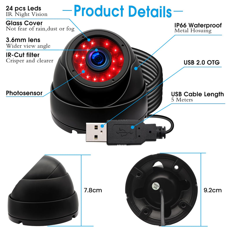USB Camera Security Camera Outdoor Dome USB Webcam, 720P Day & Night Vision USB Camera for Computer, Waterproof Camera with IR LEDs for Car Park Baby Monitor Home Surveillance 720P Dome Camera