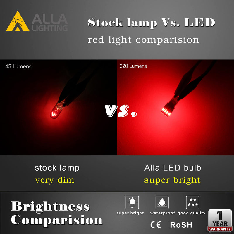 Alla Lighting T10 168 194 LED Lights Bulbs W5W 2825, Super Bright Red 360° Cars, Trucks' Marker, Inner Tail, Interior Dome, Map, Trunk, Door Stepwell Lights Lamps, 12V 175 161 3014-SMD Pure Red