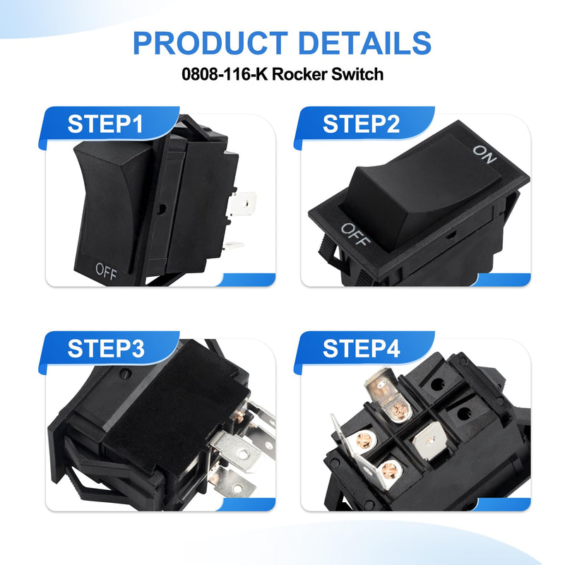 0808-116-K Rocker Switch Replacement for CRES Cor Equipment 0808-103-1 | 0808-116K, 20 Amp 125-250 Volt Switch, 7/8 X 1-1/2 DPST; Replaces 0808-113-K1, 0808-113-K, LLC Rocker Switches 77020RQ