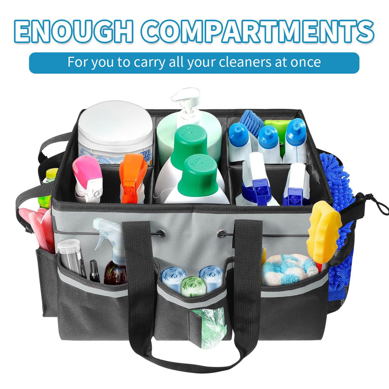 Cleaning Tool Organizer Bag with Handles | 17.8x12.2x9.3in Large Waterproof Cleaning Caddy | Detachable Shoulder Strap & Dividers | for Car Detailing, Housekeeping, Cleaners(Grey) grey