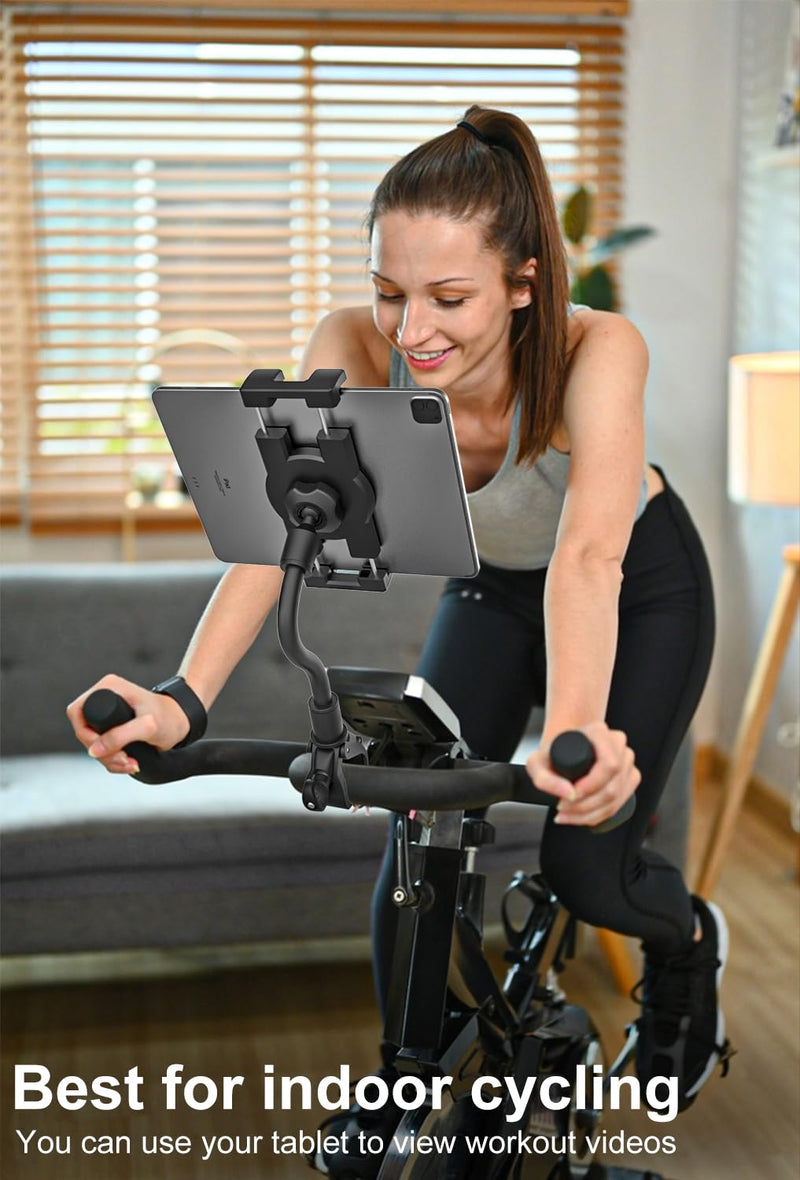 Gooseneck Spin Bike Tablet Mount, Exercise Bikes Treadmill Tablet Holder, Indoor Bicycle Elliptical Handlebar Tablet Stand for iPad Pro 12.9/ Air/Mini, Galaxy Tabs, Cell Phones, 4-13" Devices