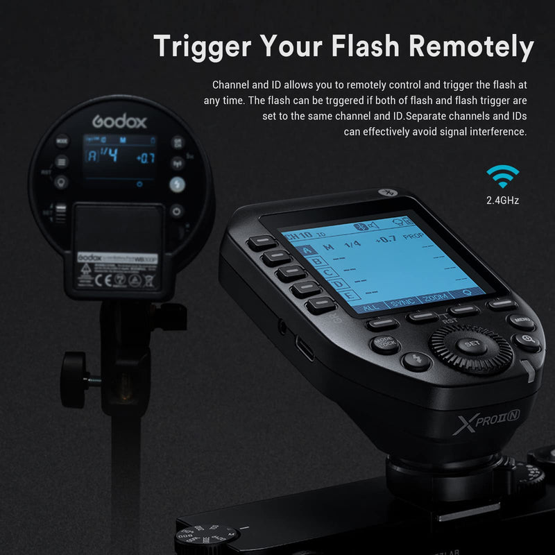 Godox XProII-N Wireless Flash Trigger for Nikon Cameras, 2.4G TTL Wireless Flash Transmitter HSS 1/8000s, TCM Transform Function, Bluetooth Connection, New Hotshoe Locking, Large LCD Display