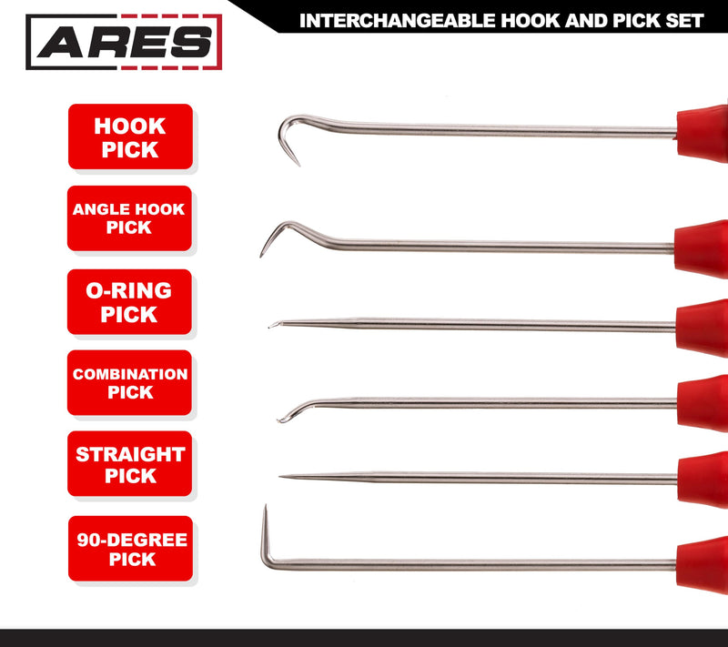 ARES 70255 - Interchangeable Hook and Pick Set - 6-Piece Set Includes Convenient Storage Pouch - Chrome Vanadium Steel Shafts - Easily Remove Hoses, Gaskets and More