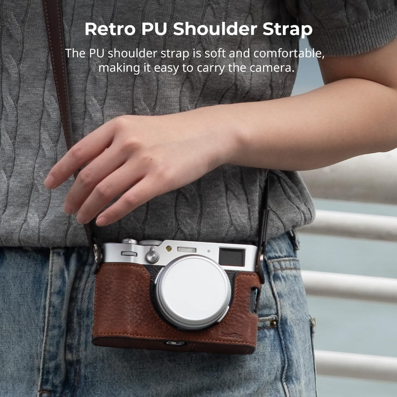 SMALLRIG Retro Half Leather Case for Fujifilm X100VI with Neck Strap, Brown | Genuine Leather Half Case with Aluminum Alloy Frame and Shoulder Strap