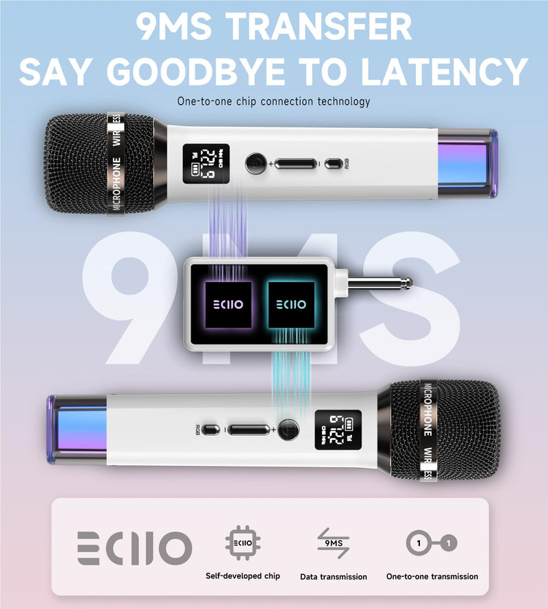 Wireless Microphones, Microphone with One-to-One Chip Connection and LED Lights, 40H Duration, 200FT Range Receiving, Volume Control Karaoke Microphone for Singing, Speech, Home Party, YouTube/TikTok White