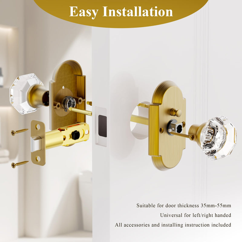 Crystal Door Knobs Interior, Antique Brass Door Knob with Lock, Glass Privacy Door Knob for Bedroom Bathroom 1 Pack