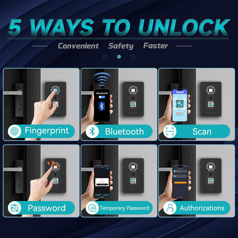 SFW New Smart Lock Boxes, Fingerprint Key Box Bluetooth Key Box with App Control & Passcode, Waterproof Wall Mounted & Door Hanging Security Lock Box (Fingerprint Unlock) Fingerprint Unlock
