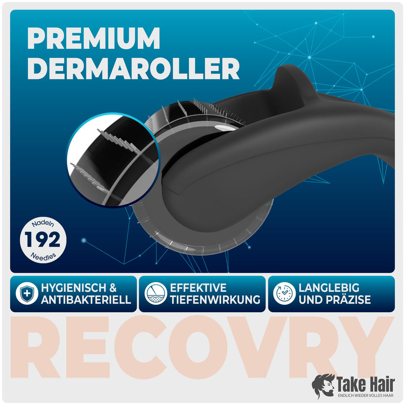 RECOVRY Derma Roller for Men - Micro Needle Roller - 190 Stainless Steel Needles - Not Daily Use - Also for Beard Care - Includes Masterclass for Hair Loss 0,5mm