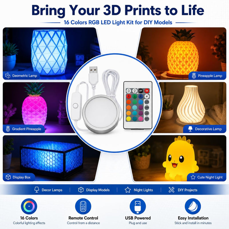 Remote Control RGB LED Lamp Kit for Bambu Lab 3D Printer Accessories-3D Printer DIY Multicolor Light Includes Button Battery Makerworld Hardware Model Spare Parts 5V USB Powered (10pcs) 10