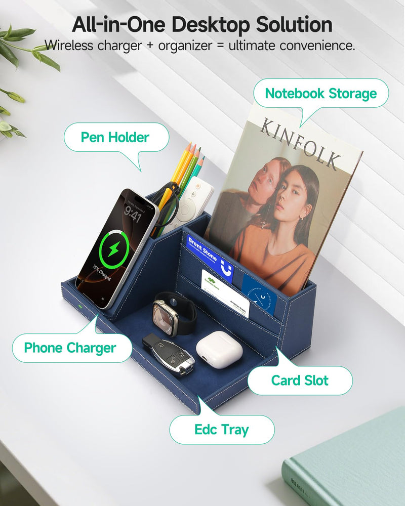 Desk Organizer with Charging Station, Nightstand Organizer Phone Docking Station, Men Gift Husband Wife Anniversary Dad Birthday Nightstand Purse Father Graduation Male Travel Idea Gadgets Blue
