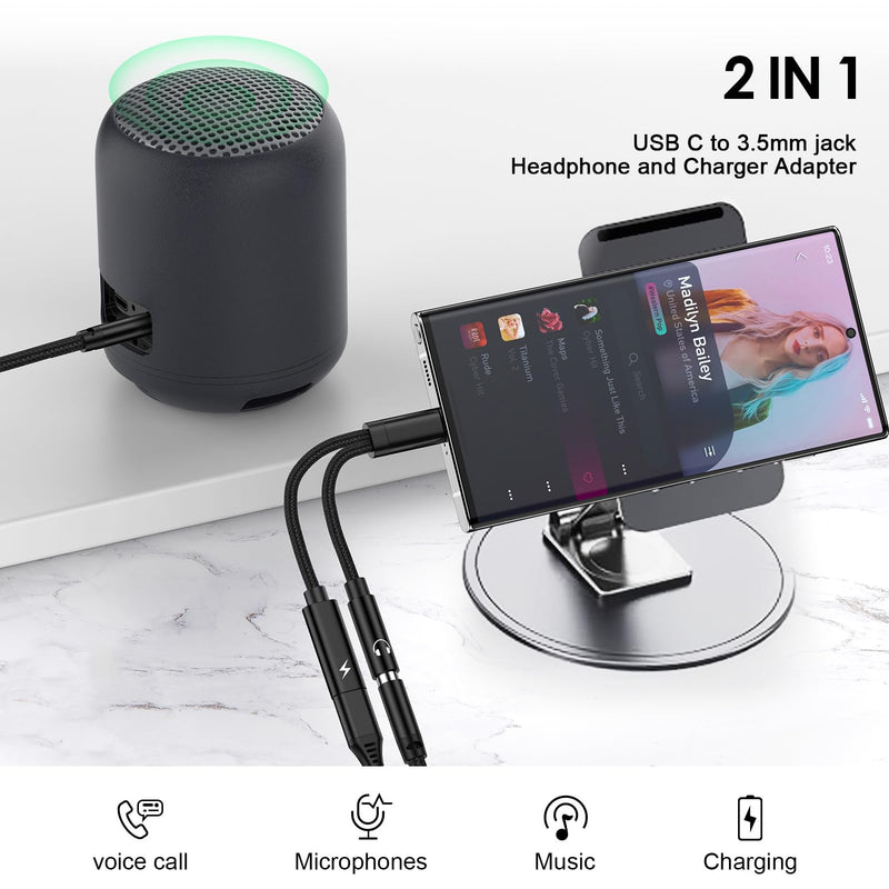 USB C to 3.5mm Headphone Charger Adapter USBC Splitter 2 in 1 Dongle Cable | Fast Charging Aux Audio Jack Adapter for Samsung Galaxy S26 Ultra A37 A17 A36 A27 A57 S25FE A16 A54 S24,iPhone 17 16,Pixel 10