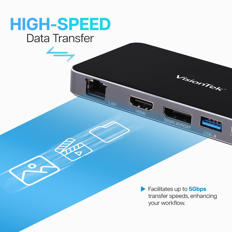 VisionTek VT350 Portable USB-C Dual Monitor Hub - 1x DP, 1x HDMI, 2X USB-A, 1x Ethernet, 1x USB-C for Windows/MacOS/ChromeOS/iOS | Dual Display via HDMI/DP, 100W PD USB-C hub, Plug & Play, Windows MST, Mac SST Support, Travel Dock, Charger not included