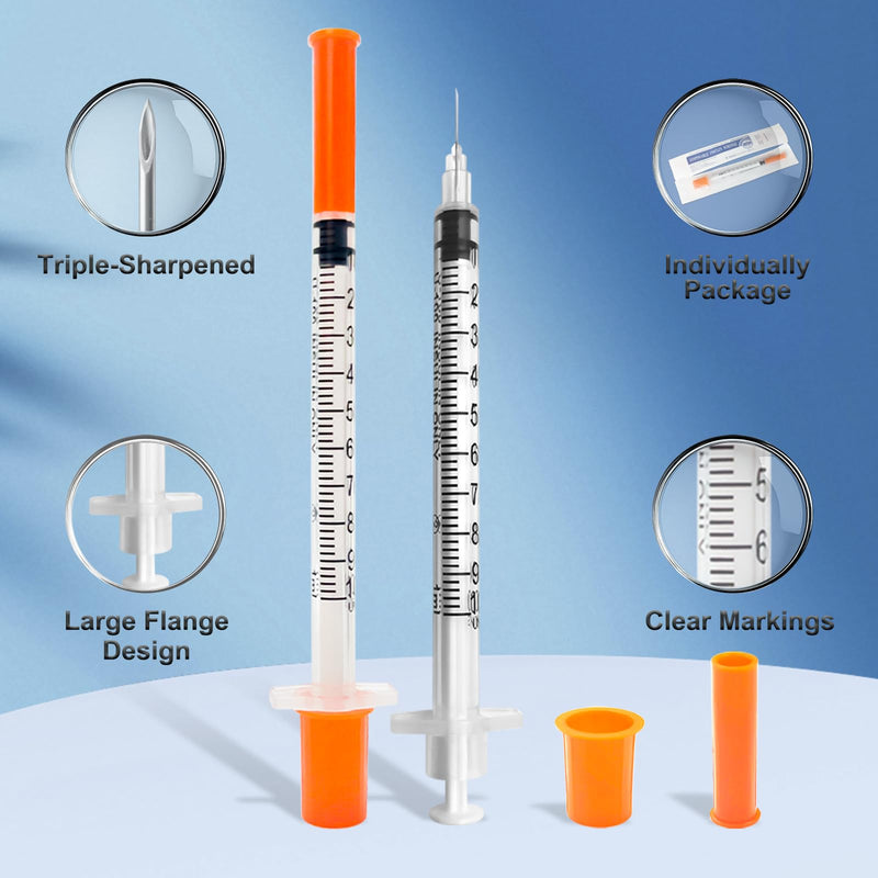 100 Pack U-100 1ml 30G 5/16 Inch (8mm) Syringes with Needle, Individual Wrapped 1ml 30G 5/16" 100 Pack