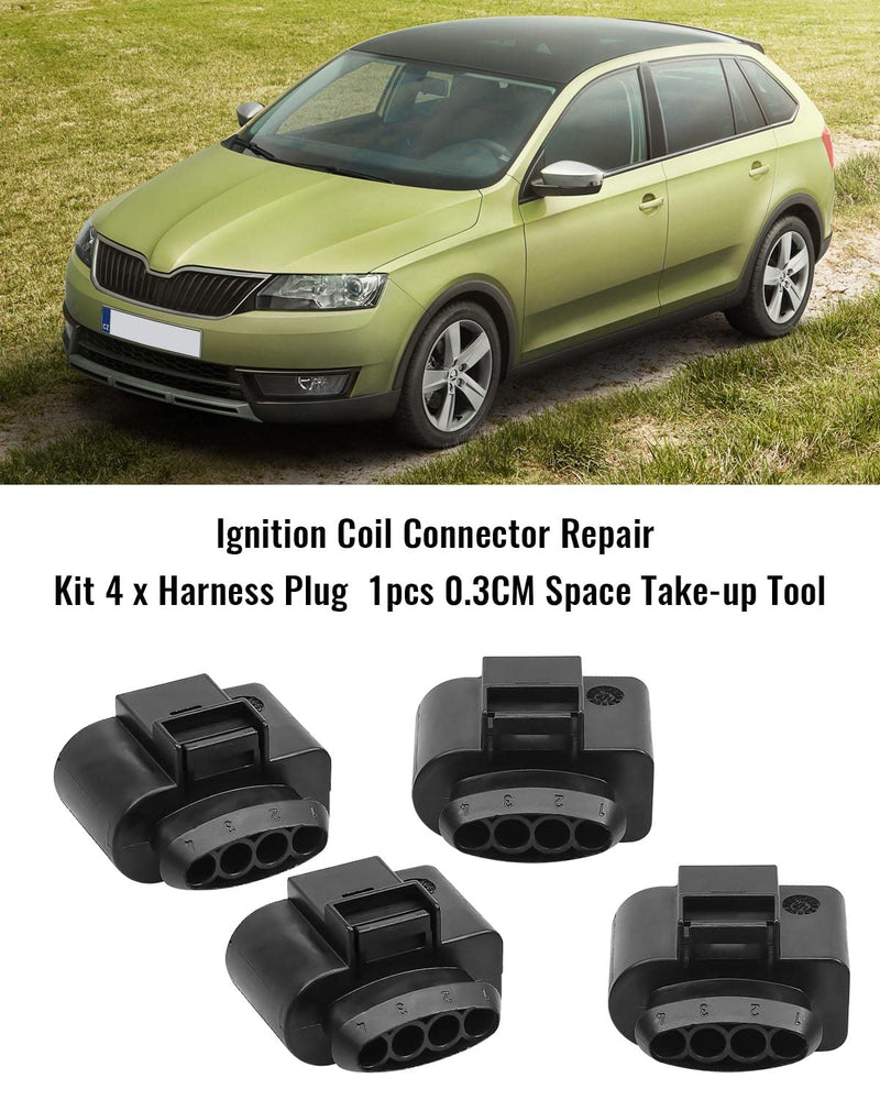 Ignition Coil Connector Repair Kit with 4PCS Harness Plug and 1PCS 0.3CM Space Take-up Tool Fit for VW Passat Phaeton Polo SKODA Octavia Rapid Superb Yeti AUDI A1-A8 Q7 TT Replace 4B0973724