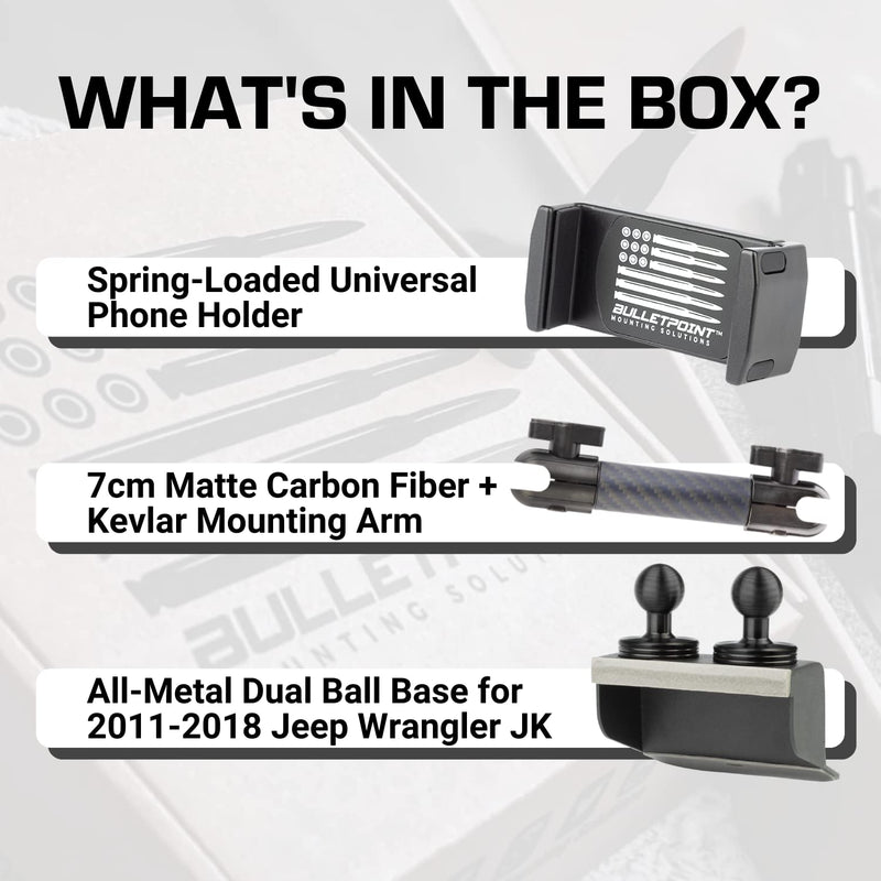 Bulletpoint Metal Dash Mount Cell Phone Holder & Action Camera Mount Compatible with 2011–2018 Jeep Wrangler JK (Dual 20mm Ball Base) Dual 20mm Ball Base