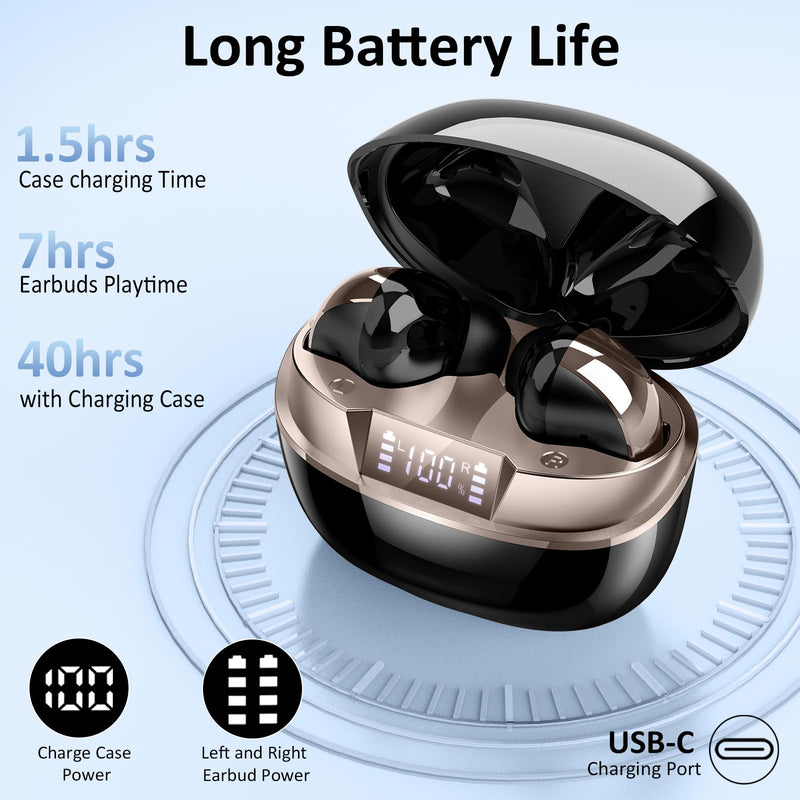 Wireless Earbuds Stereo Sound in Ear Headphones, 47H Playtime, LED Display | Noise Cancelling EarBuds Deep Bass with 4 Mic ENC Clear Calls, Bluetooth 5.4 Headphones, Touch Control, IP7 Waterproof Black Gold
