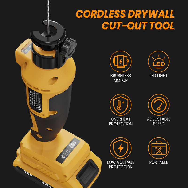 Cordless Drywall Cut-Out Tool for De-walt 20V Battery, 3 Speed Adjustable Brushless Rotary Saw with Up to 30000 RPM, Drywall Rotary Cutting Tool for Sheetrock,Wood,Plywood(Tool Only)