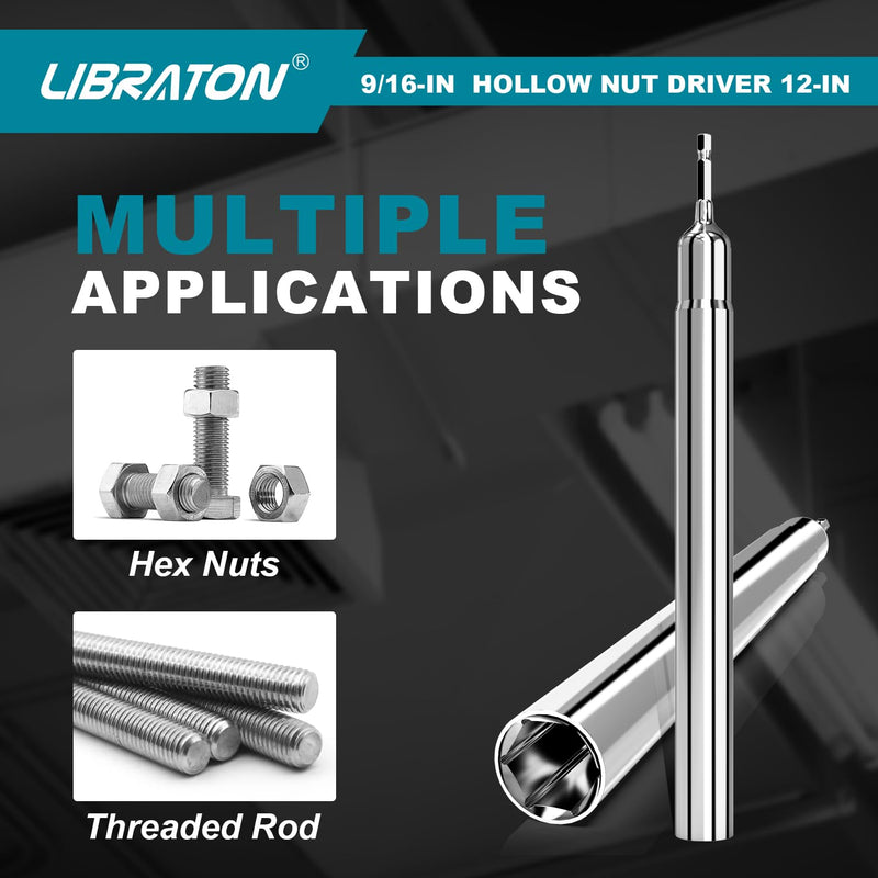 Libraton Hollow Nut Driver, Power Nut Driver Set 9/16", 12 inch Long with 1/4" Hex Shank 12-inch long 9/16-inch