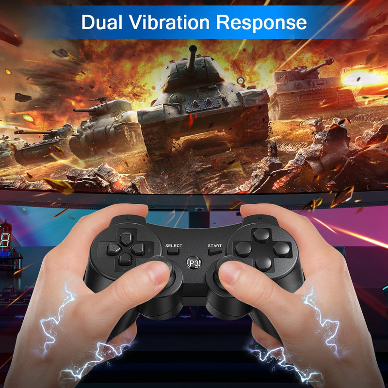 Yinjie 2 Pack Wireless Controller for PS3, Compatible with Playstation 3 | with 2 Charging Cables (black) black