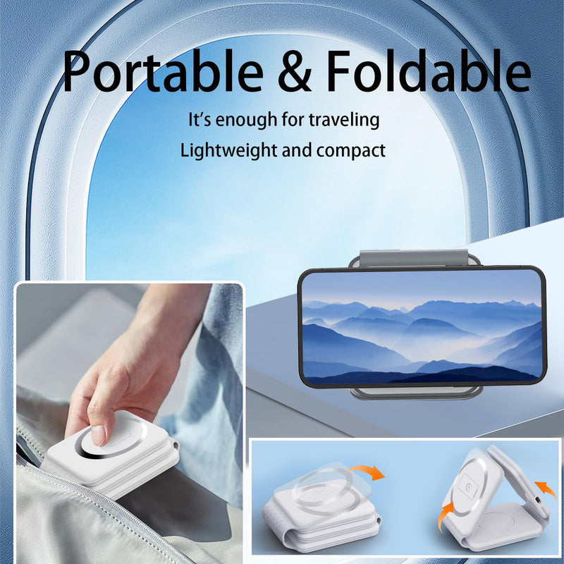 3in1 Foldable Magnetic Wireless Charger,Travel Pad for iPhone,Watch,AirPods | Magnetic Alignment, 15W Fast Charging, Foldable Travel Stand, Compatible with Apple Watch & AirPods, Safe Tech Tea White