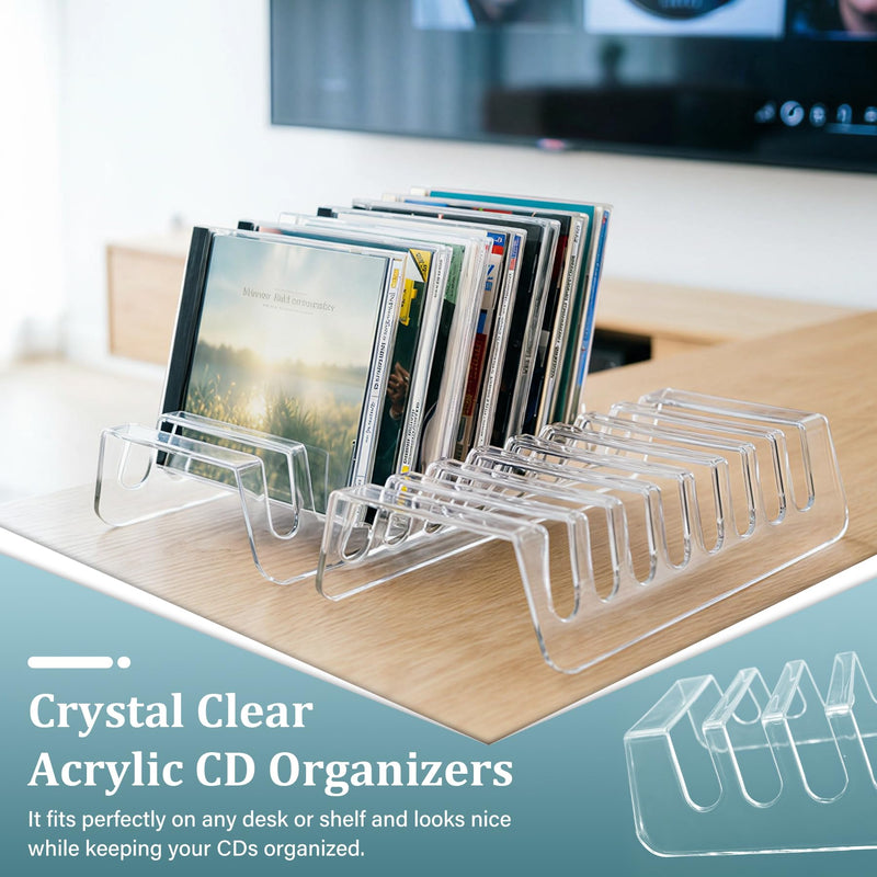 2 Pcs Clear Acrylic CD Holder, DVD/CD Display Rack & CD Storage Box & Vinyl Record Storage Stand Holds up to 14 Standard CD Cases for Media Shelf Storage and Organization