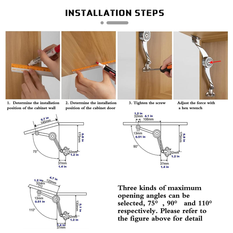 4 Pcs Heavy Duty Soft Close Lid Support Hinges - Adjustable Metal Lift-Up Cabinet Door Hinges for Toy Box, Right/Left Hand Mount, Zinc Alloy, Satin Nickel Finish, Includes Allen Wrench & Screws 4 Pcs